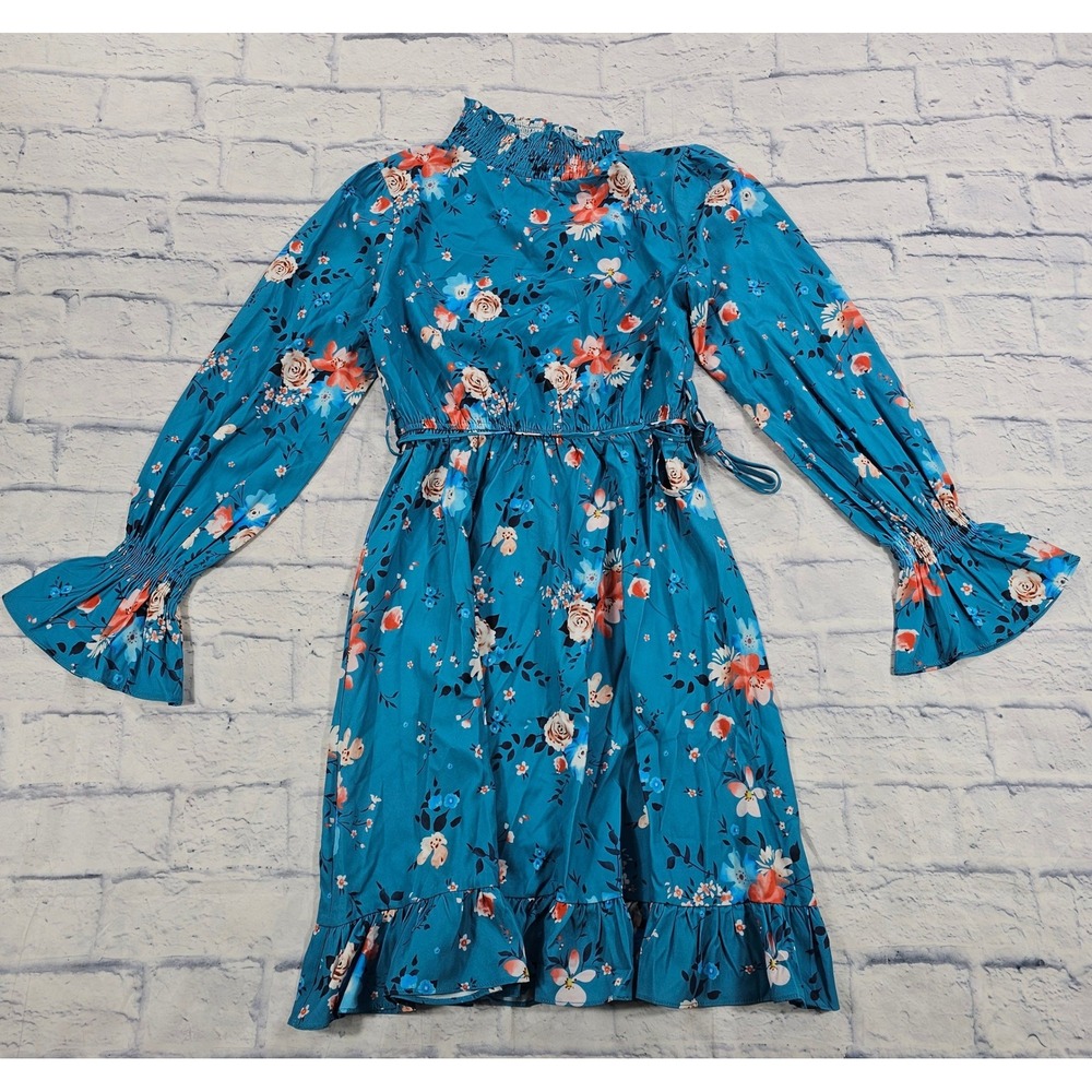 JJ's House Floral Dress Women S Teal Blue Smocked High Neck Bell Sleeve